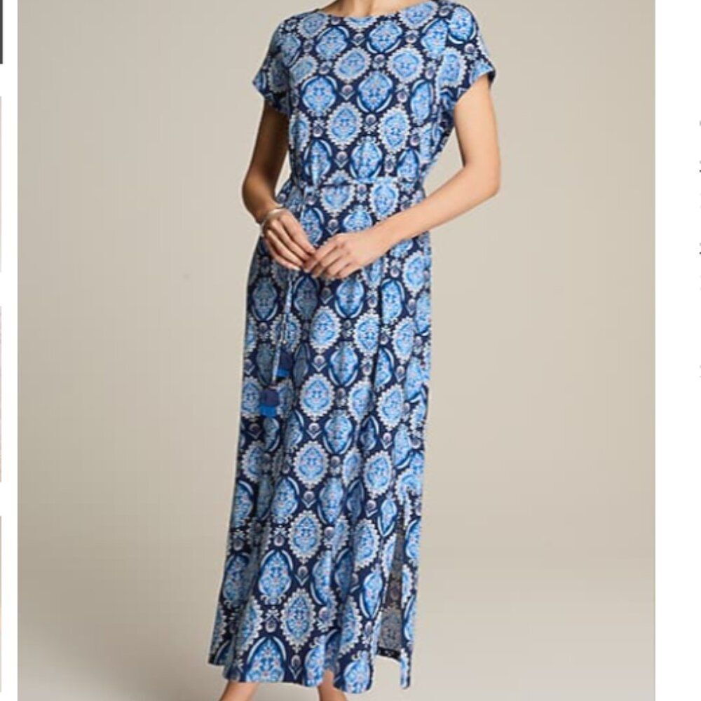 J Jill Cap-Sleeve Maxi Dress Women S Inky Blue Decorative Medallion Pockets Boho